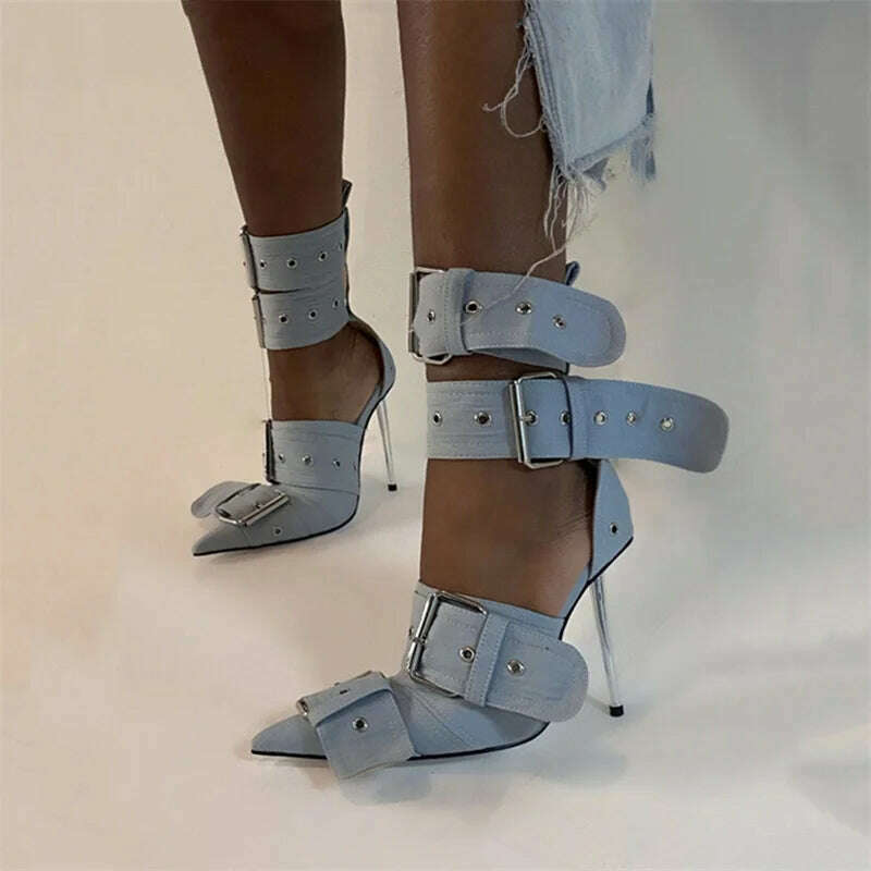 Denim Metal Rivet Buckle Silver Sandals Women's Sexy Punk Style Pointed Metal Hollow 12cm High Heels Size 34-43 Womens Shoes - KIMLUD