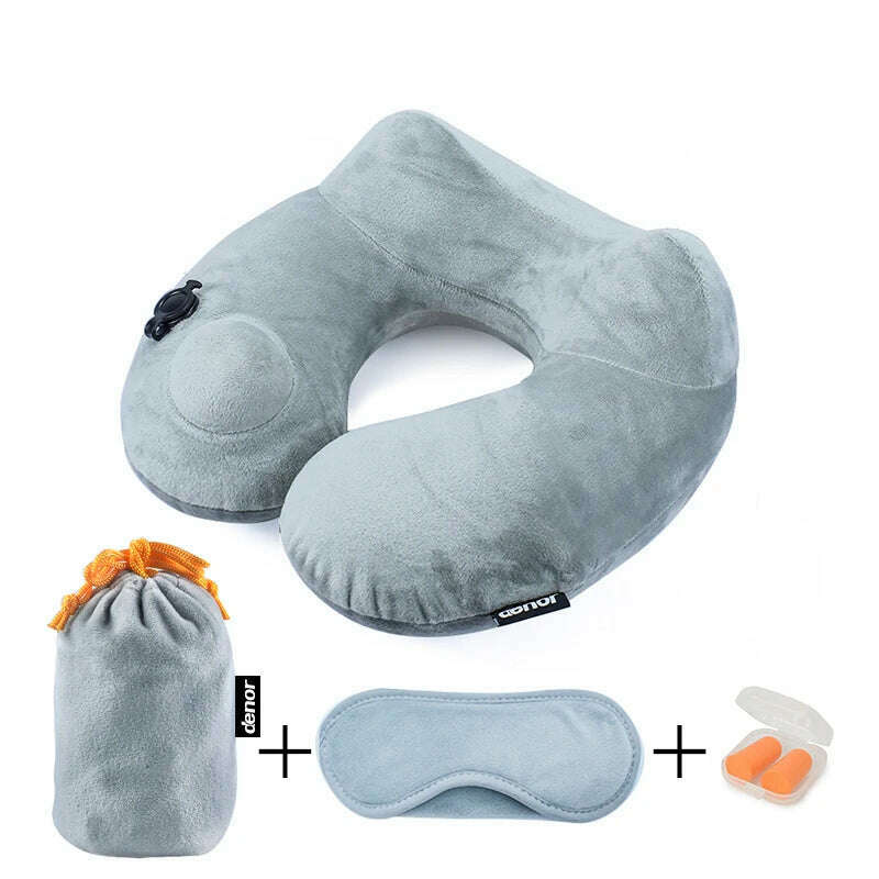 KIMLUD, DENOR Press-inflatable neck U-shaped pillow soft and comfortable crystal velvet ergonomic cervical pillow portable travel pillow, Light Grey / 31X30X12cm / CHINA, KIMLUD APPAREL - Womens Clothes