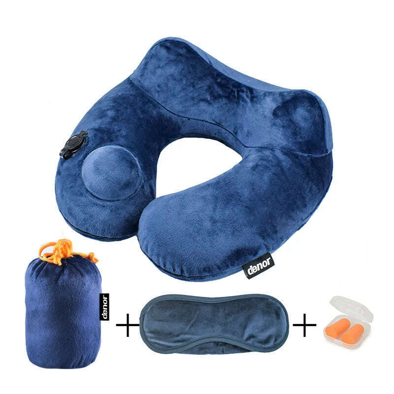 KIMLUD, DENOR Press-inflatable neck U-shaped pillow soft and comfortable crystal velvet ergonomic cervical pillow portable travel pillow, DEEP BLUE / 31X30X12cm / CHINA, KIMLUD APPAREL - Womens Clothes