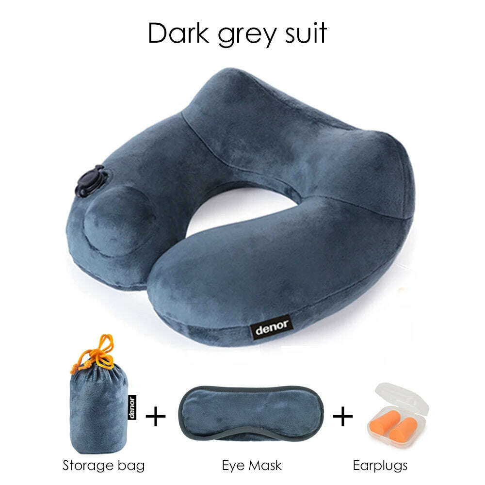 KIMLUD, DENOR Press-inflatable neck U-shaped pillow soft and comfortable crystal velvet ergonomic cervical pillow portable travel pillow, DARK GRAY / 31X30X12cm / CHINA, KIMLUD APPAREL - Womens Clothes