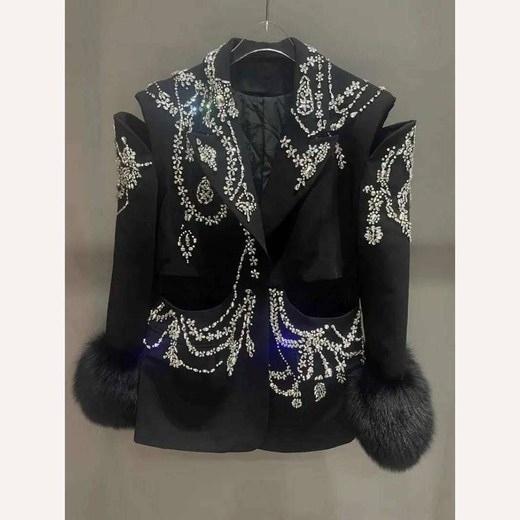 KIMLUD, Design Banquet Luxury Fox Fur Crystal Off Shoulder Hollow Out Black Suit Jacket Women Elegant Padded Blazers Customized 15 Days, KIMLUD Womens ClothesKIMLUD, Design Banquet Luxury Fox Fur Crystal Off Shoulder Hollow Out Black Suit Jacket Women Elegant Padded Blazers Customized 15 Days, black / S, KIMLUD APPAREL - Womens Clothes
