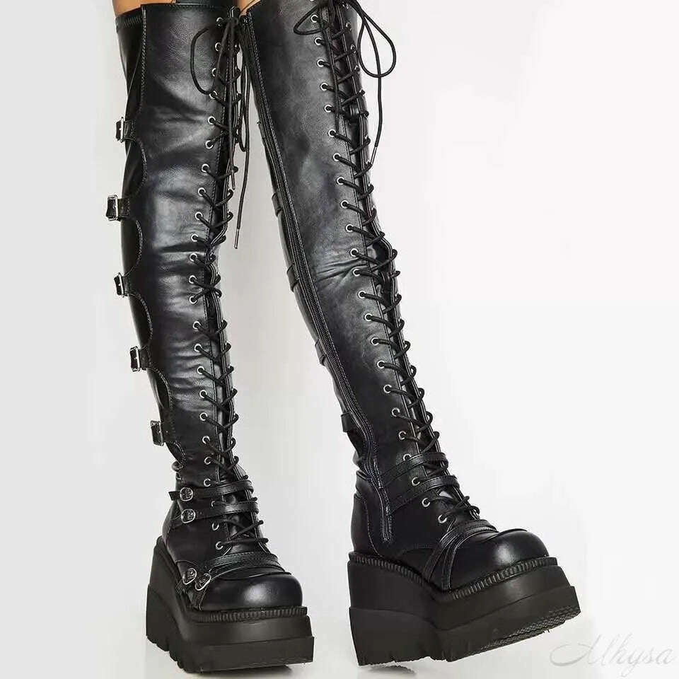 KIMLUD, Design Female High Platform Thigh High Boots Fashion Buckle Punk High Heels Boots Women Cosplay Wedges Boots Woman Botas Mujer, Black / 35, KIMLUD APPAREL - Womens Clothes