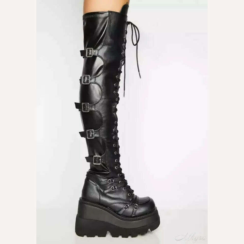 KIMLUD, Design Female High Platform Thigh High Boots Fashion Buckle Punk High Heels Boots Women Cosplay Wedges Boots Woman Botas Mujer, KIMLUD Womens Clothes