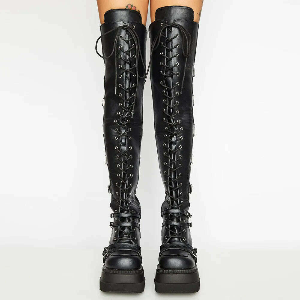 KIMLUD, Design Female High Platform Thigh High Boots Fashion Buckle Punk High Heels Boots Women Cosplay Wedges Boots Woman Botas Mujer, KIMLUD Womens Clothes