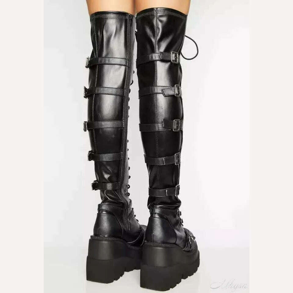 KIMLUD, Design Female High Platform Thigh High Boots Fashion Buckle Punk High Heels Boots Women Cosplay Wedges Boots Woman Botas Mujer, KIMLUD Womens Clothes