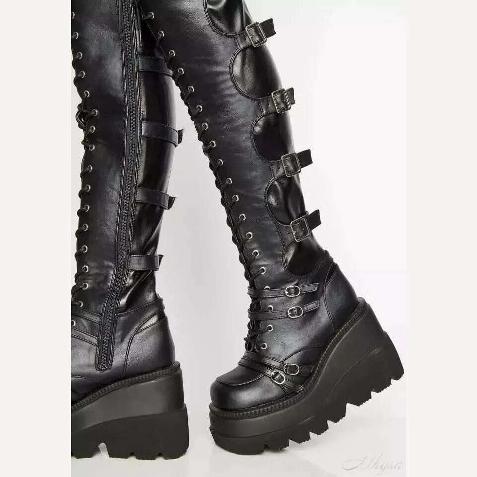 KIMLUD, Design Female High Platform Thigh High Boots Fashion Buckle Punk High Heels Boots Women Cosplay Wedges Boots Woman Botas Mujer, KIMLUD Womens Clothes