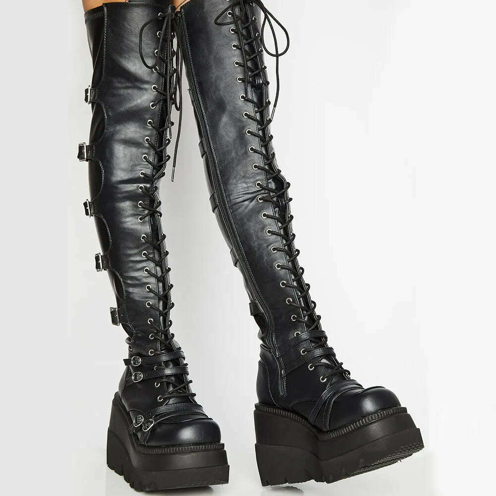 KIMLUD, Design Female High Platform Thigh High Boots Fashion Buckle Punk High Heels Boots Women Cosplay Wedges Boots Woman Botas Mujer, KIMLUD Womens Clothes