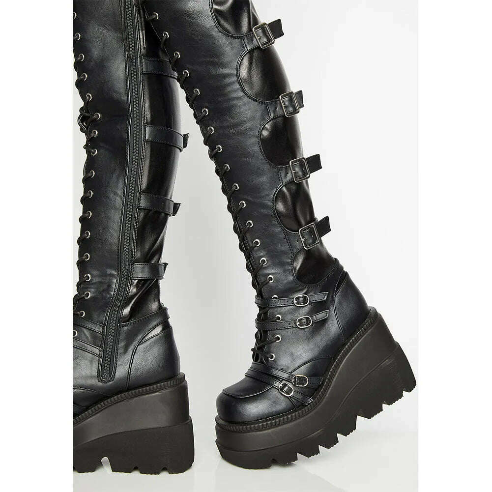 KIMLUD, Design Female High Platform Thigh High Boots Fashion Buckle Punk High Heels Boots Women Cosplay Wedges Boots Woman Botas Mujer, KIMLUD Womens Clothes