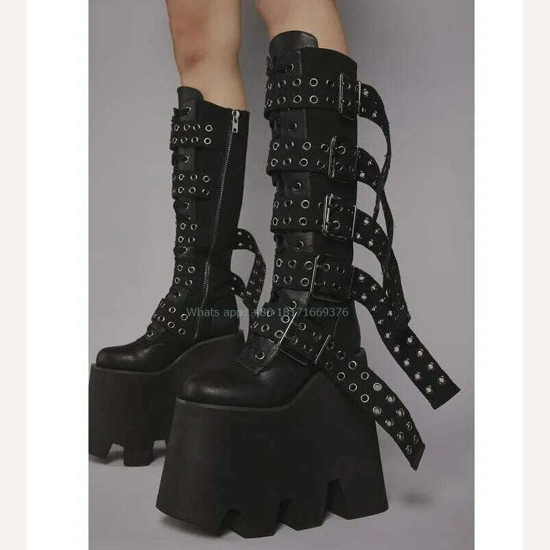 KIMLUD, Design Leather Platform Buckle Wedges Boots Women Mid-callf ROME High Heel Gladiator Boots 2024 Nightclub Lady Shoes Dress, KIMLUD Womens ClothesKIMLUD, Design Leather Platform Buckle Wedges Boots Women Mid-callf ROME High Heel Gladiator Boots 2024 Nightclub Lady Shoes Dress, Black / 35, KIMLUD APPAREL - Womens Clothes