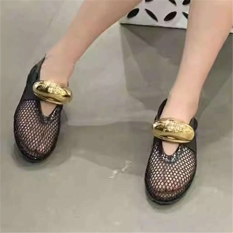 KIMLUD, Designer Women Ballet Flats Hollow Out Mesh Walking Loafers Ladies Metal Decor Mary Janes Flat Shoes Espadrilles Summer Sandals, KIMLUD Womens Clothes