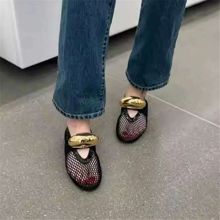 KIMLUD, Designer Women Ballet Flats Hollow Out Mesh Walking Loafers Ladies Metal Decor Mary Janes Flat Shoes Espadrilles Summer Sandals, KIMLUD Womens Clothes