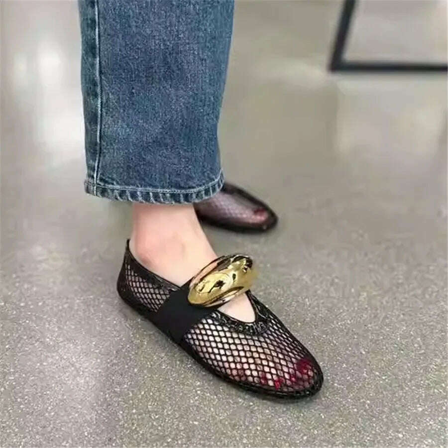 KIMLUD, Designer Women Ballet Flats Hollow Out Mesh Walking Loafers Ladies Metal Decor Mary Janes Flat Shoes Espadrilles Summer Sandals, KIMLUD Womens Clothes