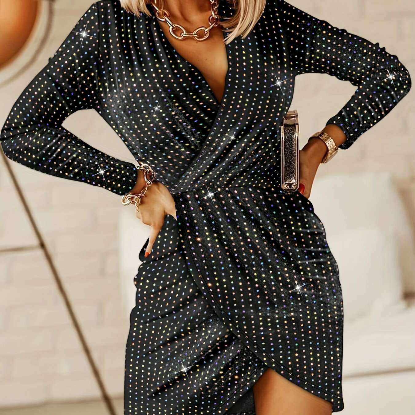 1pc-chic-v-neck-sequin-bodycon-dress-polyester-knit-fabric-with-contrast-sequin-detail-fallwinter-solid-color-adult-dresskimlud-womens-fashion-34626007