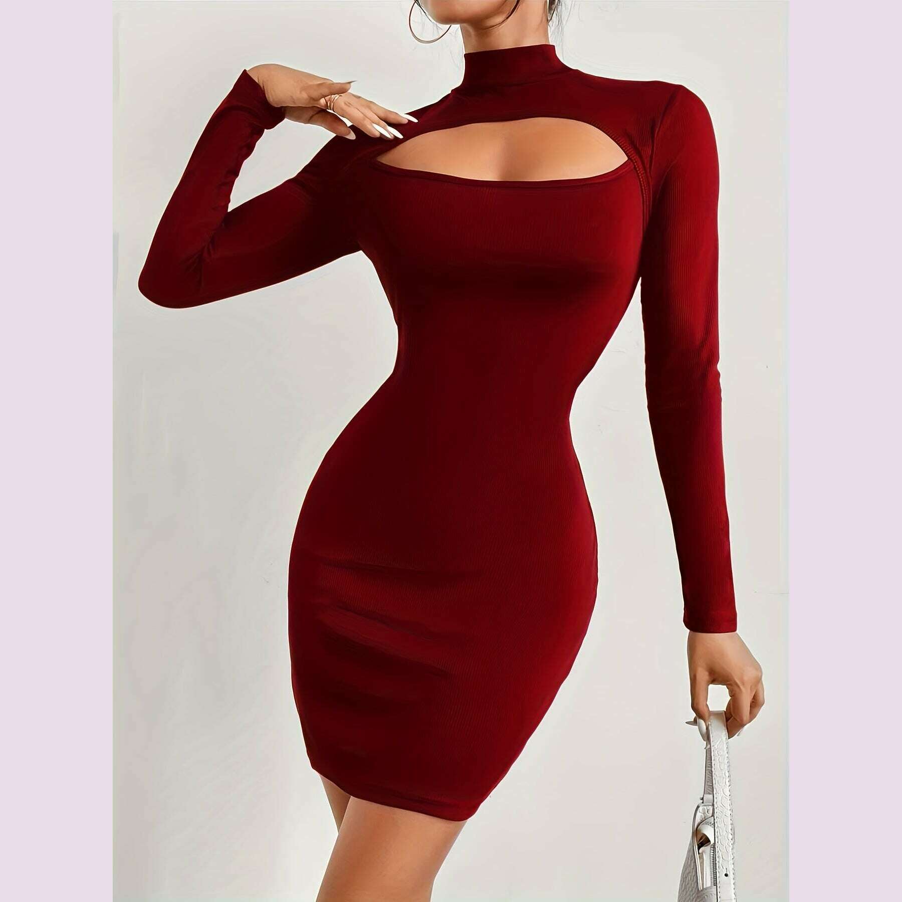 burgundy-bodycon-dress-stretchy-polyester-spandex-blend-womens-burgundy-high-neck-bodycon-dress-keyhole-cutouts-machine-washable-elegant-party-casual-dress-for-all-seasonskimlud-womens-fashion-34625926