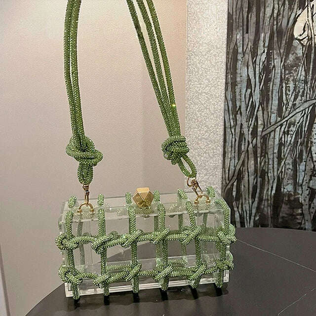 Diamond Clear Acrylic Box Evening Clutch Bags Women Boutique Woven Knotted Rope Rhinestone Purse and Handbags Wedding Party Ins - KIMLUD