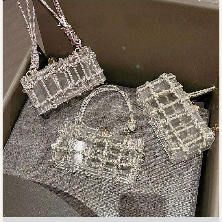 Diamond Clear Acrylic Box Evening Clutch Bags Women Boutique Woven Knotted Rope Rhinestone Purse and Handbags Wedding Party Ins - KIMLUD