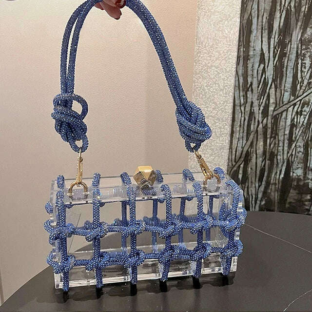 Diamond Clear Acrylic Box Evening Clutch Bags Women Boutique Woven Knotted Rope Rhinestone Purse and Handbags Wedding Party Ins - KIMLUD