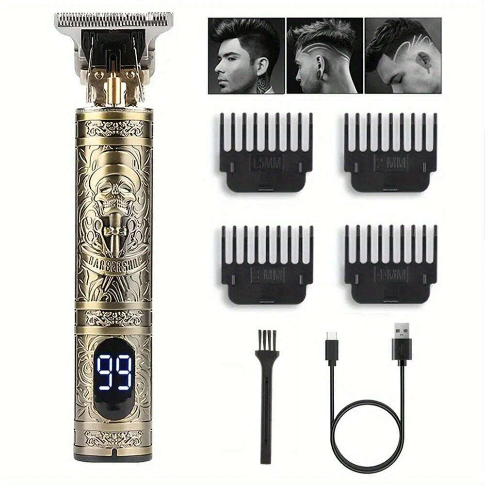 KIMLUD, Digital Display Stainless Steel Cutter Head Professional T9 Hair Trimmer Metal Body Men's Electric Shaver Men's Barber Machine, LCD skull, KIMLUD APPAREL - Womens Clothes