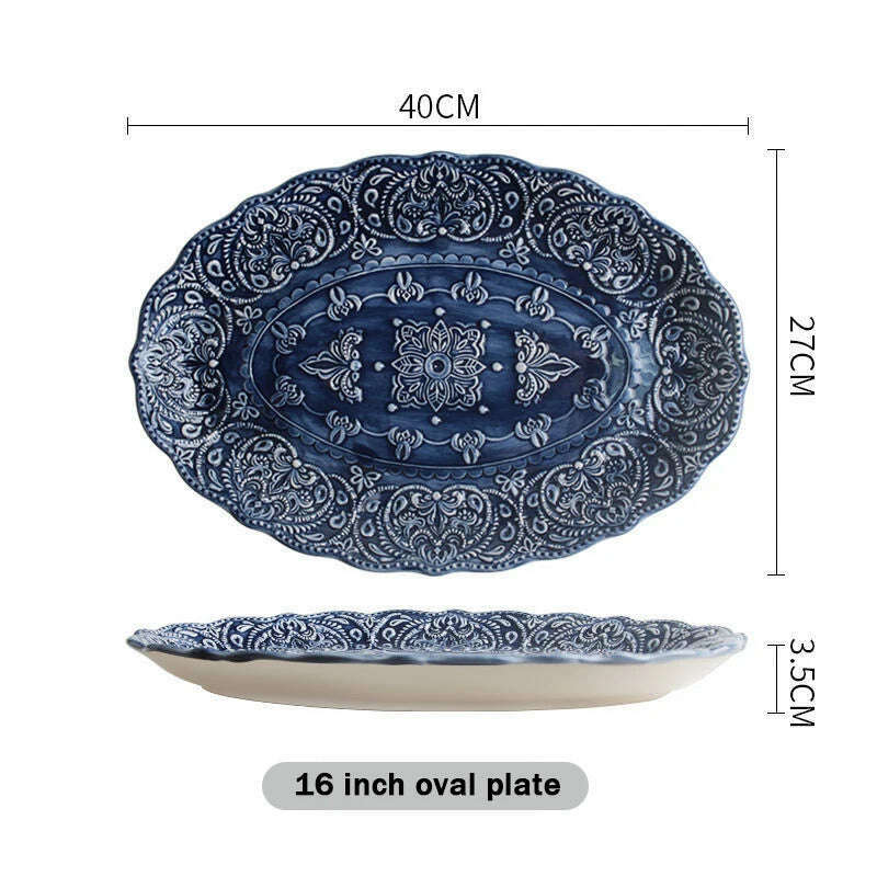 KIMLUD, Dinner Set of Ceramic Dishes Design Full Ceramic Christmas Tableware Plates Ceramics Dishes for Serving Baroque Northern Europe, 16 inch oval plate, KIMLUD Womens Clothes