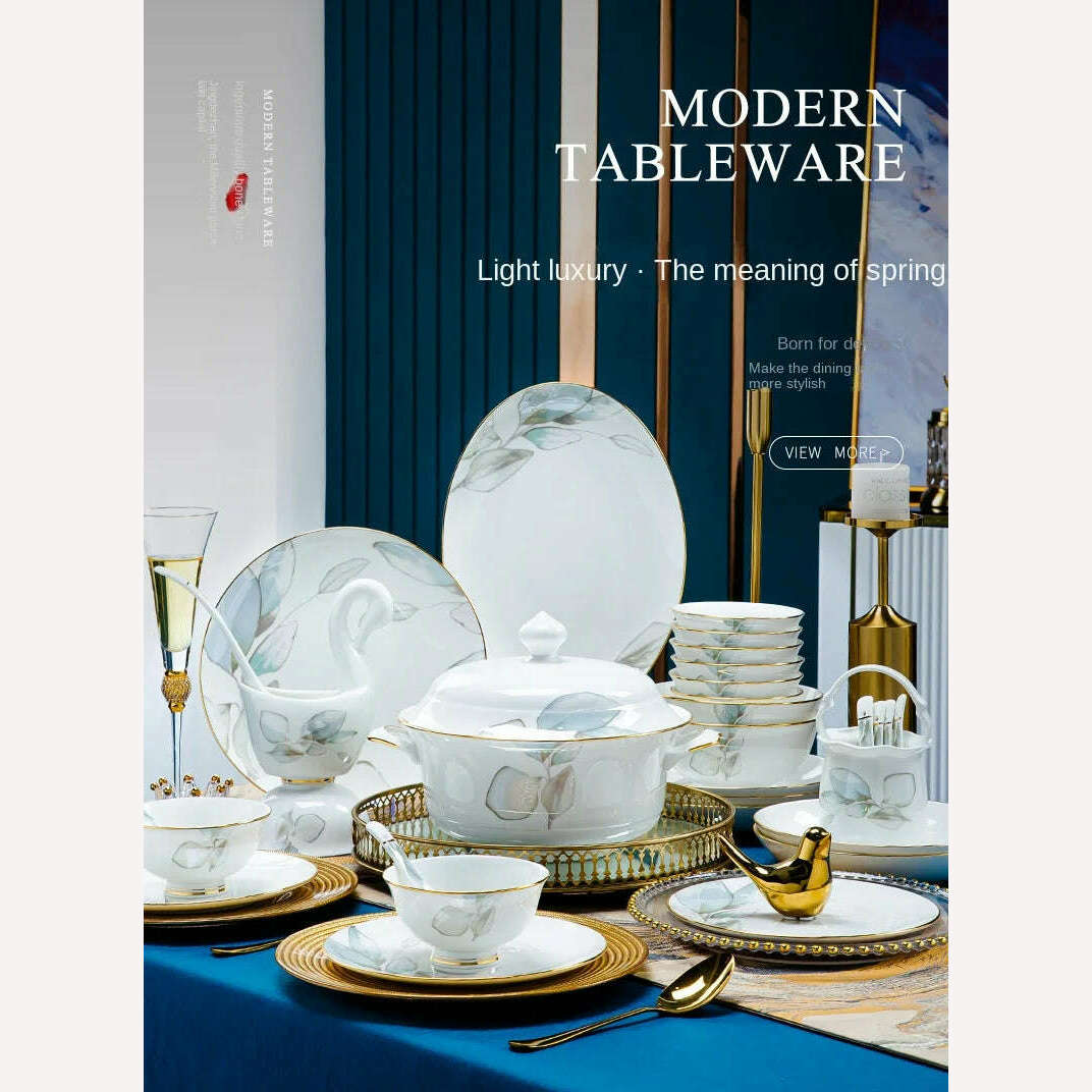 Dish Set Household Luxury Bone China Tableware Jingdezhen Bowl Plate Combination Relocation Bowl Chopsticks Plate Ceramic - KIMLUD