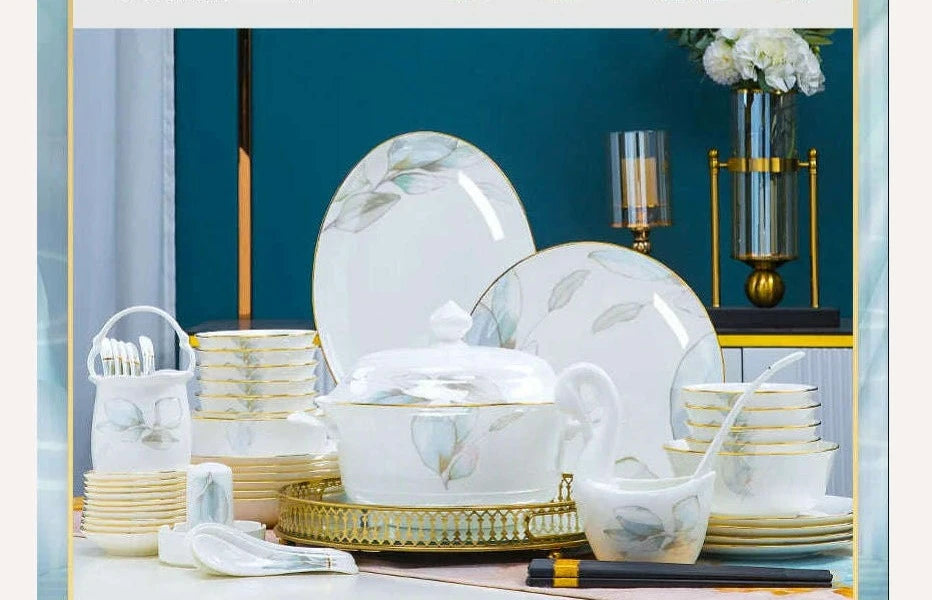 Dish Set Household Luxury Bone China Tableware Jingdezhen Bowl Plate Combination Relocation Bowl Chopsticks Plate Ceramic - KIMLUD