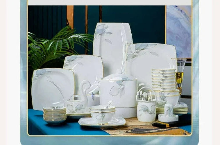 Dish Set Household Luxury Bone China Tableware Jingdezhen Bowl Plate Combination Relocation Bowl Chopsticks Plate Ceramic - KIMLUD