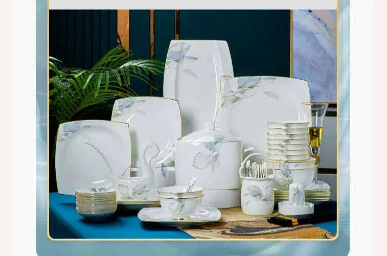KIMLUD, Dish Set Household Luxury Bone China Tableware Jingdezhen Bowl Plate Combination Relocation Bowl Chopsticks Plate Ceramic, A, KIMLUD Womens Clothes