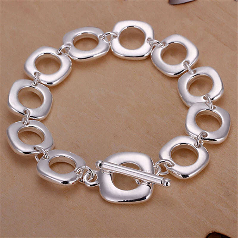 KIMLUD, DOTEFFIL 925 Sterling Silver Square Round Circle Chain Bracelet For Woman Men Charm Wedding Engagement Fashion Party Jewelry, KIMLUD Womens Clothes