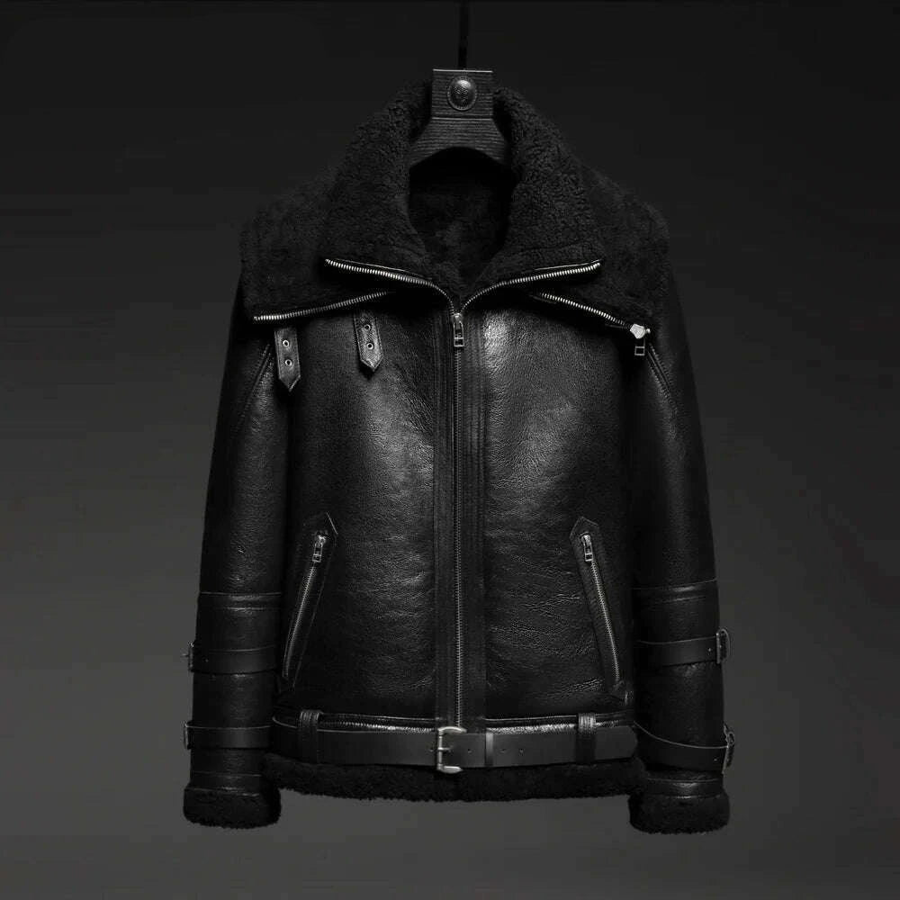 KIMLUD, Double Collars Thick Genuine Leather Sheepskin Fur Jacket Natural Shearling Fur Coat Winter Men Warm Fur Clothing, KIMLUD Womens ClothesKIMLUD, Double Collars Thick Genuine Leather Sheepskin Fur Jacket Natural Shearling Fur Coat Winter Men Warm Fur Clothing, Pattern 1 Black / M, KIMLUD APPAREL - Womens Clothes