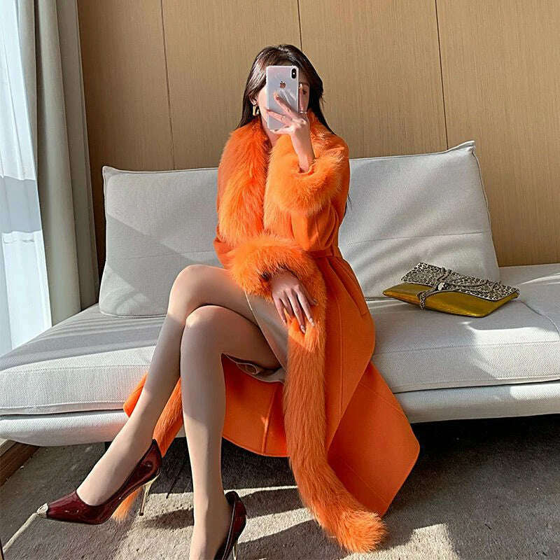 KIMLUD, Double-faced Woolen Coat Women Oversized Fox Fur Collar Fashion Warm Overcoat Belt Slim Long Jacket Fall Winter Female Clothing, Orange / S / CHINA, KIMLUD APPAREL - Womens Clothes