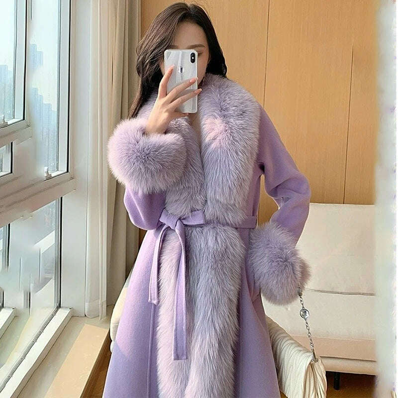 KIMLUD, Double-faced Woolen Coat Women Oversized Fox Fur Collar Fashion Warm Overcoat Belt Slim Long Jacket Fall Winter Female Clothing, Purple / S / CHINA, KIMLUD APPAREL - Womens Clothes