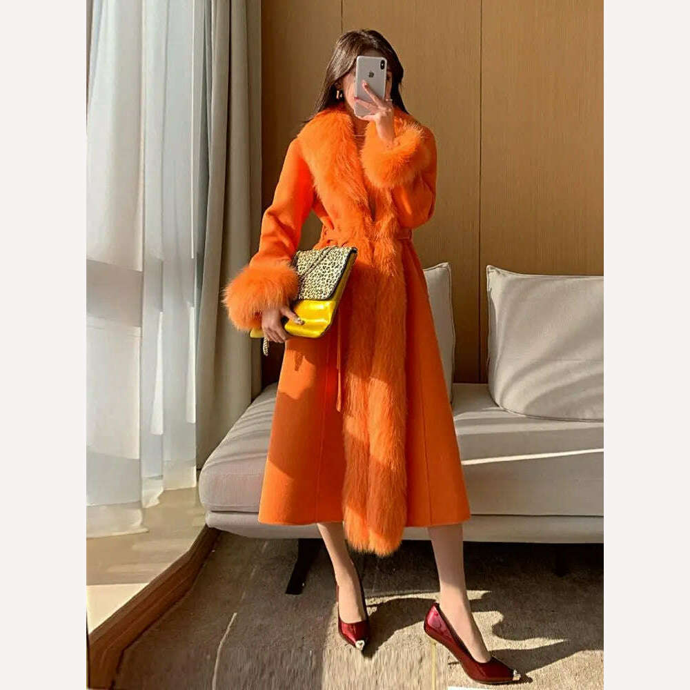 KIMLUD, Double-faced Woolen Coat Women Oversized Fox Fur Collar Fashion Warm Overcoat Belt Slim Long Jacket Fall Winter Female Clothing, KIMLUD Womens Clothes