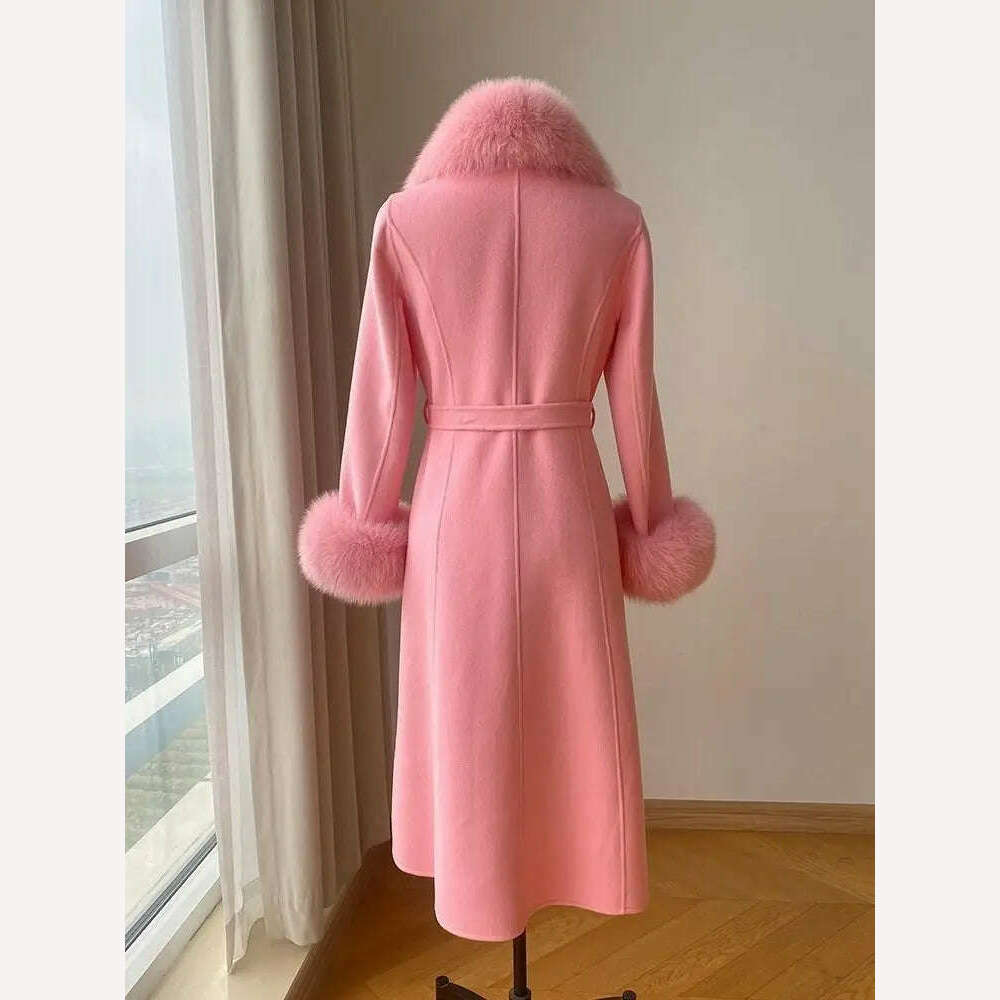 KIMLUD, Double-faced Woolen Coat Women Oversized Fox Fur Collar Fashion Warm Overcoat Belt Slim Long Jacket Fall Winter Female Clothing, KIMLUD Womens Clothes