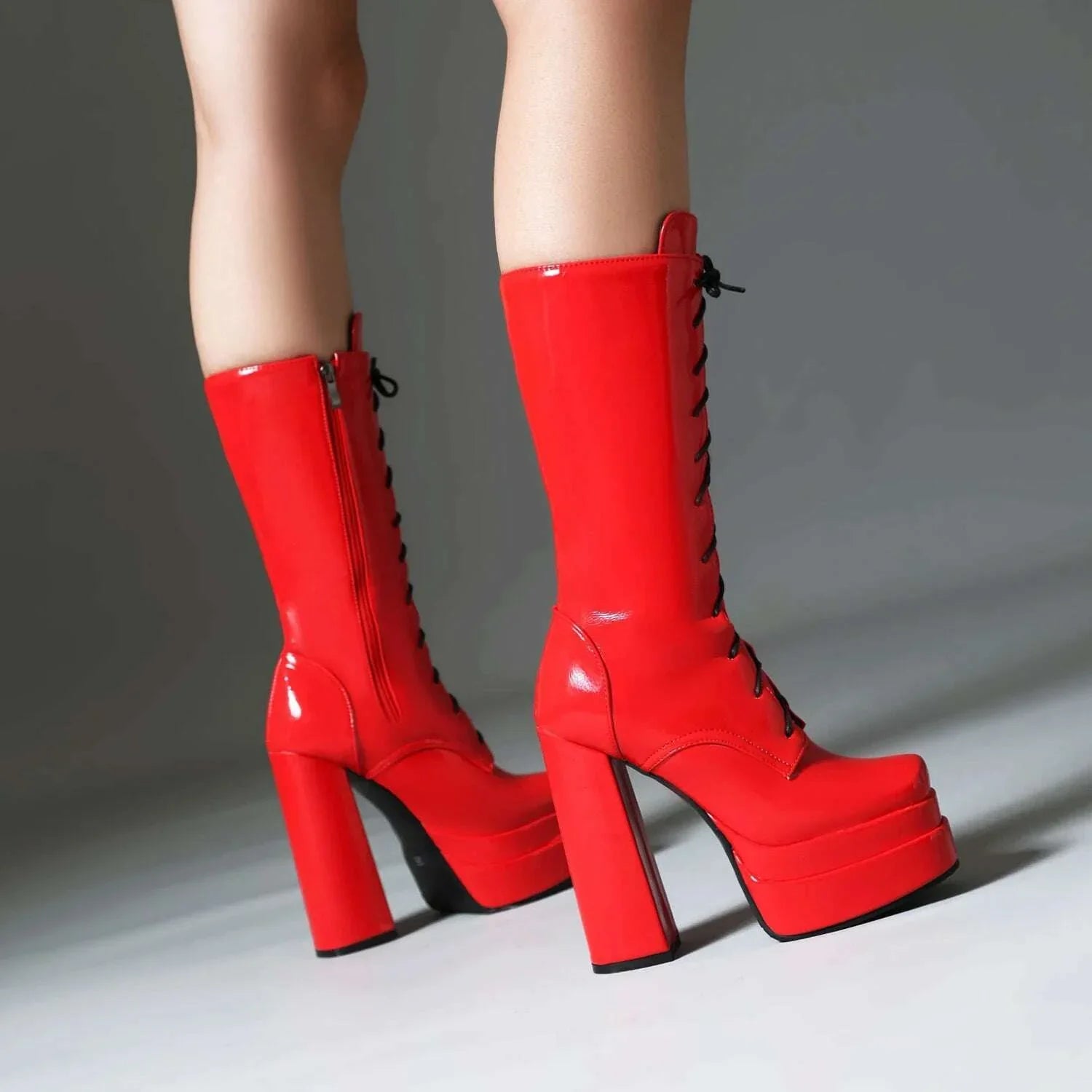 KIMLUD, Double Layer Platform Square Toe High Thick Heel Glossy Patent Leather Mid Tube Boots Tie Up Zipper Plush Lining Winter Boots, KIMLUD Womens Clothes