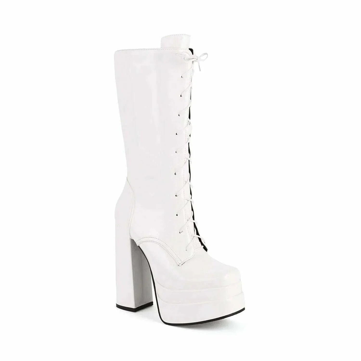 KIMLUD, Double Layer Platform Square Toe High Thick Heel Glossy Patent Leather Mid Tube Boots Tie Up Zipper Plush Lining Winter Boots, KIMLUD Womens Clothes