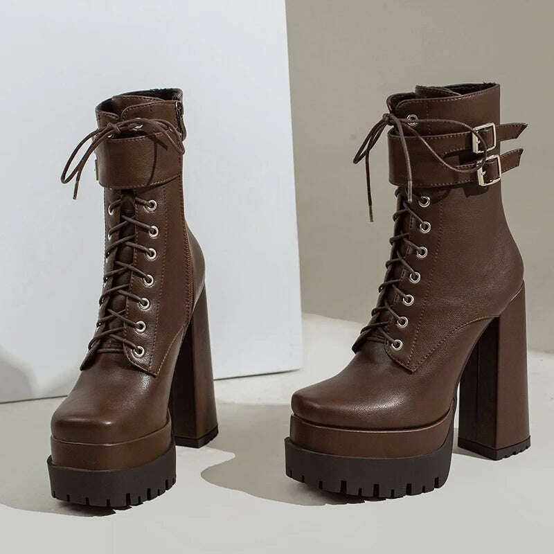 KIMLUD, Double Platform Women Punk Boots Square Toe Super High Heel Ankle Boots Lace Up Zipper Motorcycle Boots Autumn Winter Lady Shoes, Auburn / 5, KIMLUD APPAREL - Womens Clothes