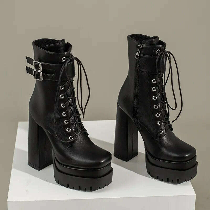 KIMLUD, Double Platform Women Punk Boots Square Toe Super High Heel Ankle Boots Lace Up Zipper Motorcycle Boots Autumn Winter Lady Shoes, Black / 5, KIMLUD APPAREL - Womens Clothes