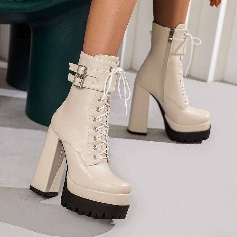 KIMLUD, Double Platform Women Punk Boots Square Toe Super High Heel Ankle Boots Lace Up Zipper Motorcycle Boots Autumn Winter Lady Shoes, beige / 5, KIMLUD APPAREL - Womens Clothes