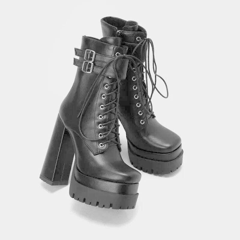 KIMLUD, Double Platform Women Punk Boots Square Toe Super High Heel Ankle Boots Lace Up Zipper Motorcycle Boots Autumn Winter Lady Shoes, KIMLUD Womens Clothes