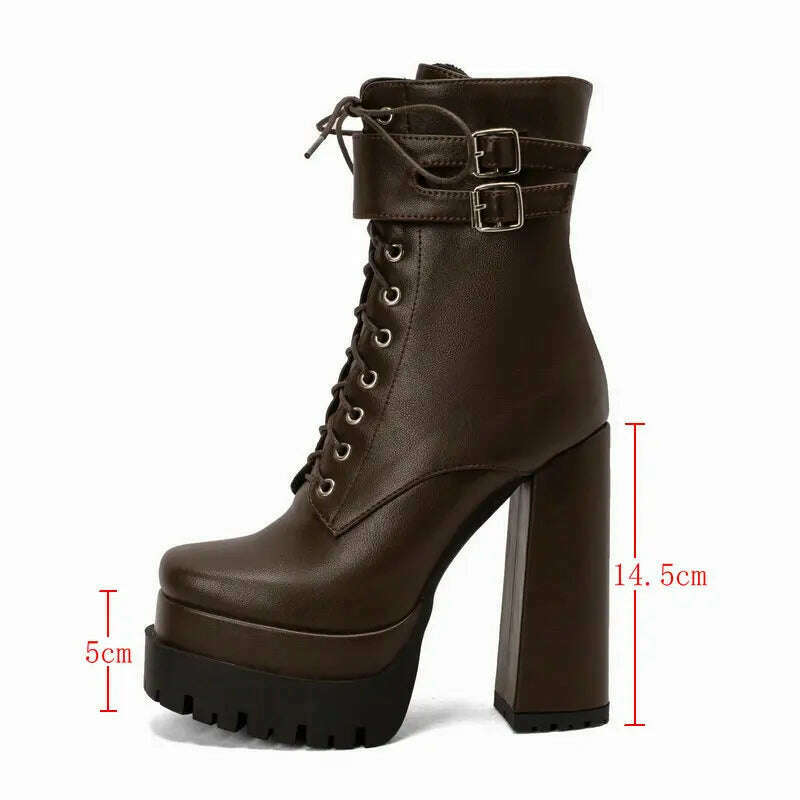 KIMLUD, Double Platform Women Punk Boots Square Toe Super High Heel Ankle Boots Lace Up Zipper Motorcycle Boots Autumn Winter Lady Shoes, KIMLUD Womens Clothes