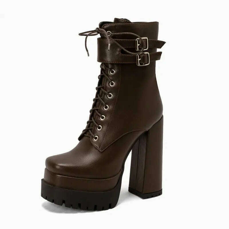KIMLUD, Double Platform Women Punk Boots Square Toe Super High Heel Ankle Boots Lace Up Zipper Motorcycle Boots Autumn Winter Lady Shoes, KIMLUD Womens Clothes