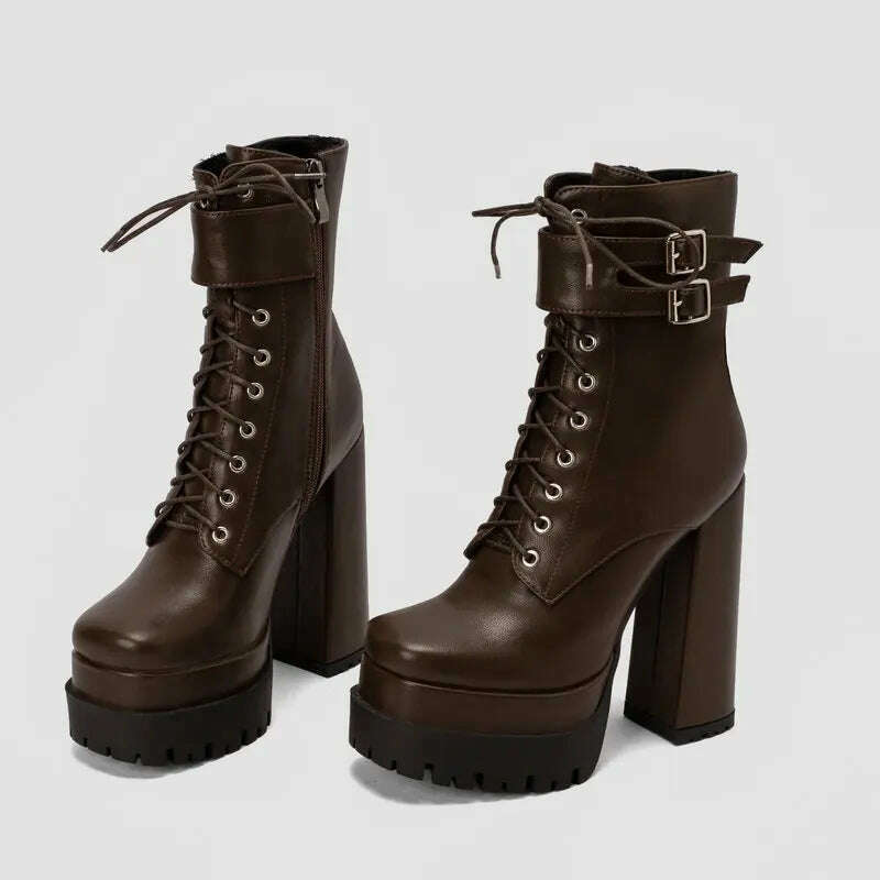 KIMLUD, Double Platform Women Punk Boots Square Toe Super High Heel Ankle Boots Lace Up Zipper Motorcycle Boots Autumn Winter Lady Shoes, KIMLUD Womens Clothes