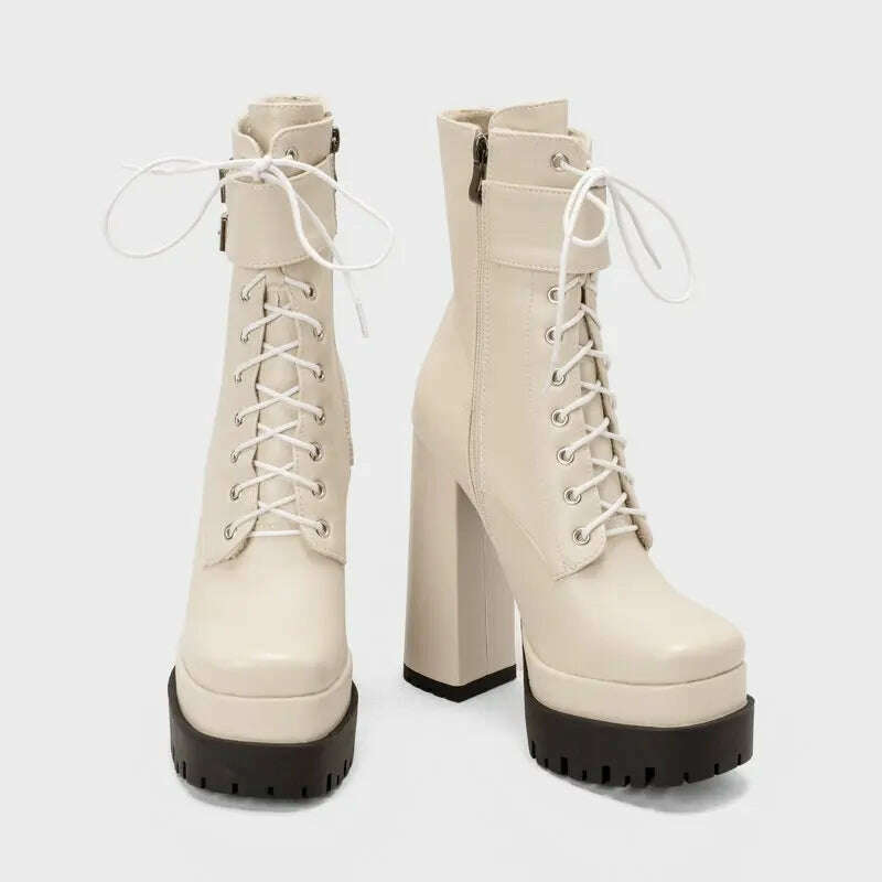 KIMLUD, Double Platform Women Punk Boots Square Toe Super High Heel Ankle Boots Lace Up Zipper Motorcycle Boots Autumn Winter Lady Shoes, KIMLUD Womens Clothes