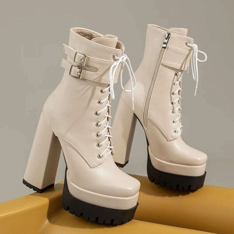 KIMLUD, Double Platform Women Punk Boots Square Toe Super High Heel Ankle Boots Lace Up Zipper Motorcycle Boots Autumn Winter Lady Shoes, KIMLUD Womens Clothes