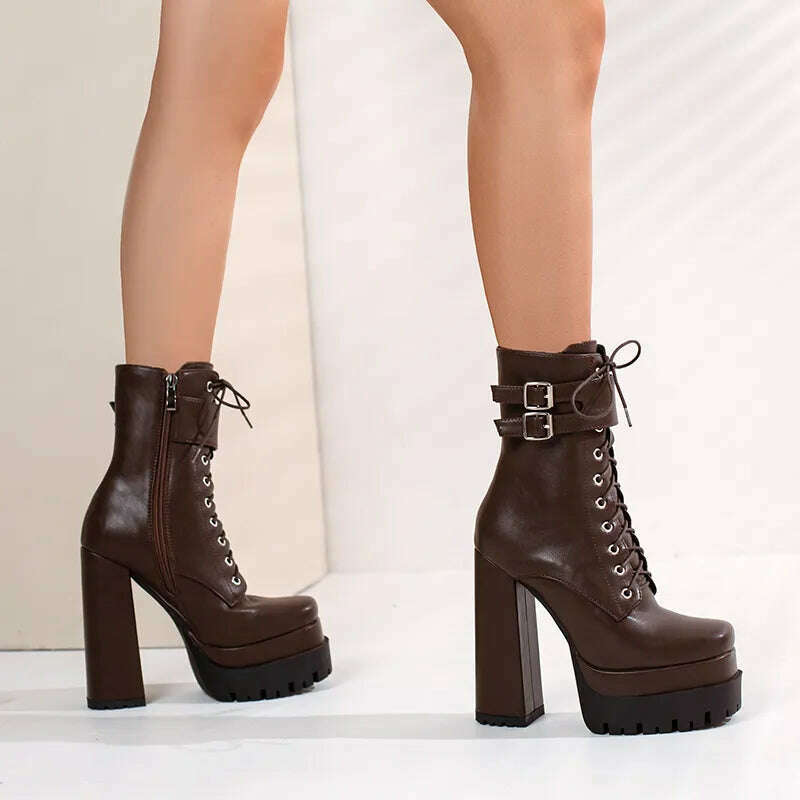 KIMLUD, Double Platform Women Punk Boots Square Toe Super High Heel Ankle Boots Lace Up Zipper Motorcycle Boots Autumn Winter Lady Shoes, KIMLUD Womens Clothes