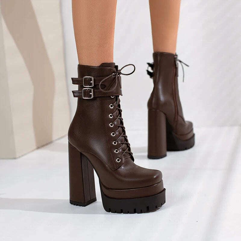 KIMLUD, Double Platform Women Punk Boots Square Toe Super High Heel Ankle Boots Lace Up Zipper Motorcycle Boots Autumn Winter Lady Shoes, KIMLUD Womens Clothes