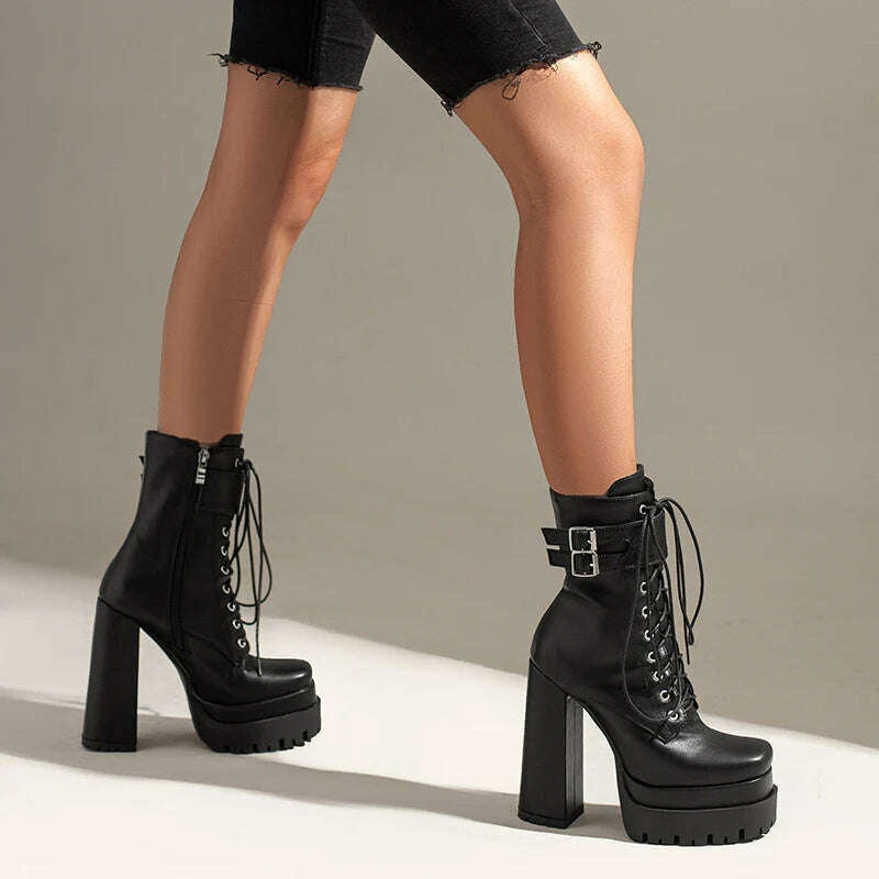 KIMLUD, Double Platform Women Punk Boots Square Toe Super High Heel Ankle Boots Lace Up Zipper Motorcycle Boots Autumn Winter Lady Shoes, KIMLUD Womens Clothes