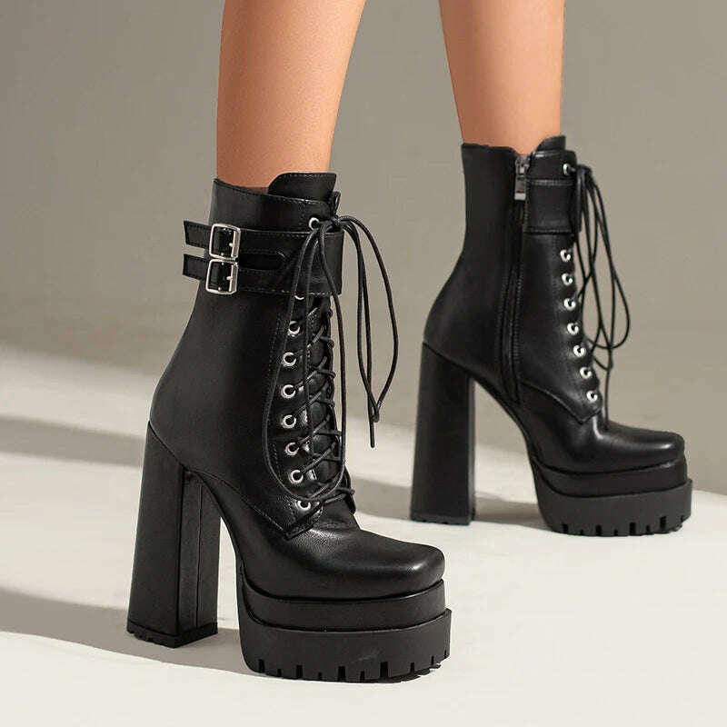 KIMLUD, Double Platform Women Punk Boots Square Toe Super High Heel Ankle Boots Lace Up Zipper Motorcycle Boots Autumn Winter Lady Shoes, KIMLUD Womens Clothes