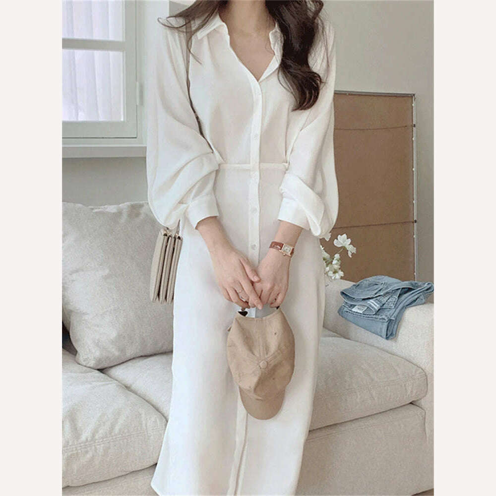 KIMLUD, DR2226A 2023 New High Waist Vintage Lace Up Single Breasted Elegant Minimalist Style Autumn Winter Women Shirt Dress Long Dress, KIMLUD Womens Clothes