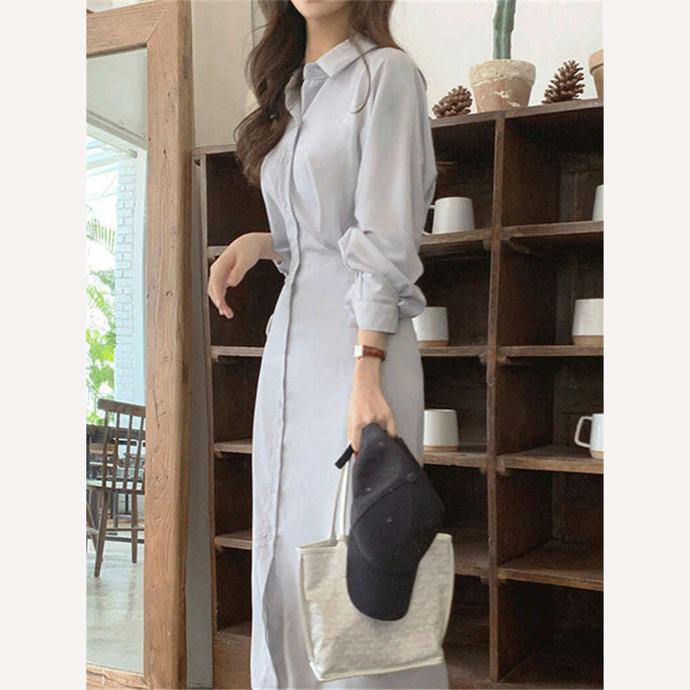 KIMLUD, DR2226A 2023 New High Waist Vintage Lace Up Single Breasted Elegant Minimalist Style Autumn Winter Women Shirt Dress Long Dress, KIMLUD Womens Clothes